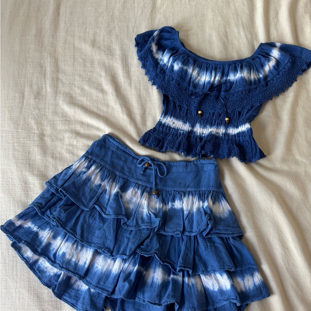 Blue and White Tie-Dye Top and Skirt Set